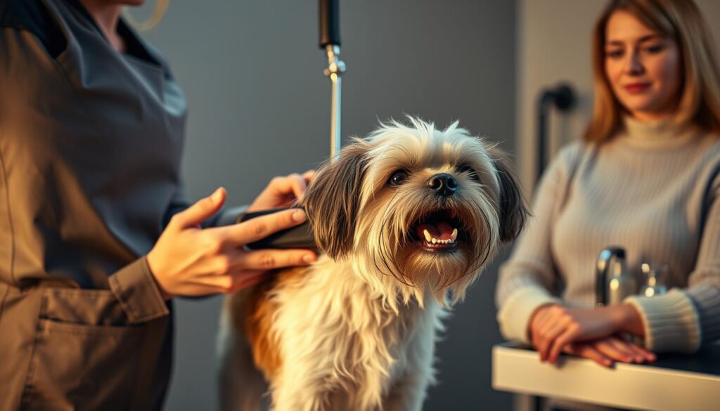 A professional dog groomer calmly and gently handling a fidgety, anxious pup during a challenging brushing session. Warm, diffused lighting illuminates the scene, softening the edges. The groomer's skilled hands work methodically, soothing the dog with gentle strokes. In the background, a grooming table with an array of specialized tools stands ready. The dog's owner looks on, their expression a mix of concern and trust in the groomer's expertise. The overall mood is one of patient, experienced care as the groomer navigates this difficult grooming situation. Easiest way to groom a dog