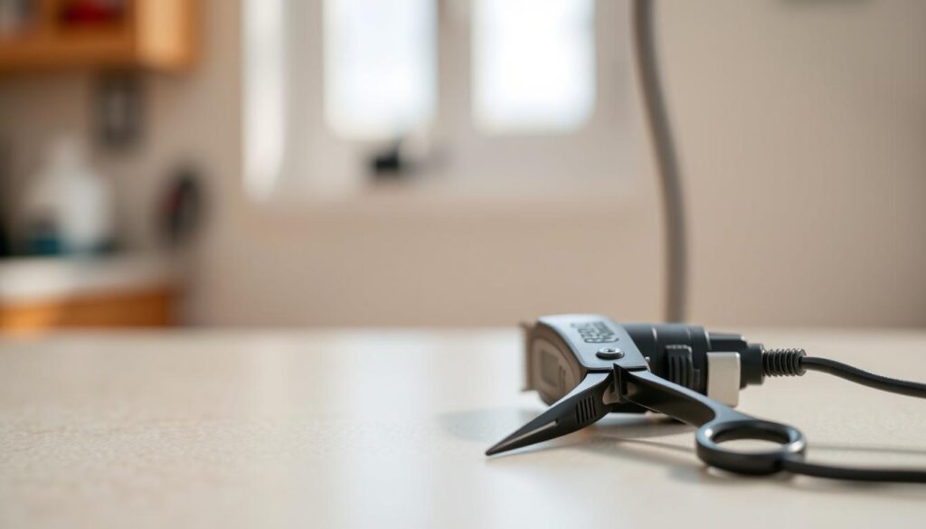 A well-lit, close-up image of a high-quality set of dog grooming clippers resting on a clean, neutral-colored surface. The clippers should be displayed in the foreground, with a sharp, photographic focus. The middle ground should feature a softly blurred, out-of-focus background, creating a sense of depth and emphasizing the clippers as the central subject. The lighting should be natural and directional, creating subtle shadows and highlights that accentuate the texture and form of the clippers. The overall mood should be professional, informative, and visually appealing, conveying the importance and utility of the grooming tool.