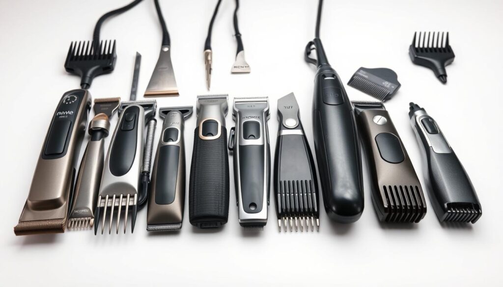 A well-lit studio shot of an assortment of high-quality dog grooming clippers arranged on a clean, white surface. The clippers should showcase various blade sizes, shapes, and types suitable for different canine coat textures, from short and smooth to thick and wiry. Lighting should be soft and even, emphasizing the details and metallic finishes of the tools. Depth of field should be moderate, allowing the clippers to be in sharp focus while softening the background. The overall composition should be visually appealing and highlight the diversity of grooming equipment needed to properly care for dogs with varying coat characteristics.