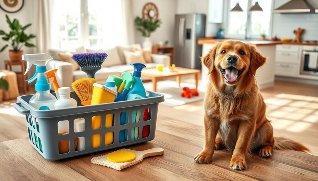 Comprehensive cleaning tips for dog owners in a bright, airy home setting. A well-organized cleaning caddy with essential supplies such as brushes, sponges, and eco-friendly cleaners sits on a wooden table. In the foreground, a happy, playful dog sits next to the cleaning tools, capturing the essence of caring for a furry friend. The middle ground features a cozy living room with plush furniture, natural light streaming through large windows, and a few dog toys scattered about. The background showcases a pristine, spotless kitchen, emphasizing the importance of thorough cleaning for dog owners. The overall scene conveys a sense of order, cleanliness, and the joy of responsible pet ownership. Comprehensive cleaning tips for dog owners in a bright, airy home setting. A well-organized cleaning caddy with essential supplies such as brushes, sponges, and eco-friendly cleaners sits on a wooden table. In the foreground, a happy, playful dog sits next to the cleaning tools, capturing the essence of caring for a furry friend. The middle ground features a cozy living room with plush furniture, natural light streaming through large windows, and a few dog toys scattered about. The background showcases a pristine, spotless kitchen, emphasizing the importance of thorough cleaning for dog owners. The overall scene conveys a sense of order, cleanliness, and the joy of responsible pet ownership.