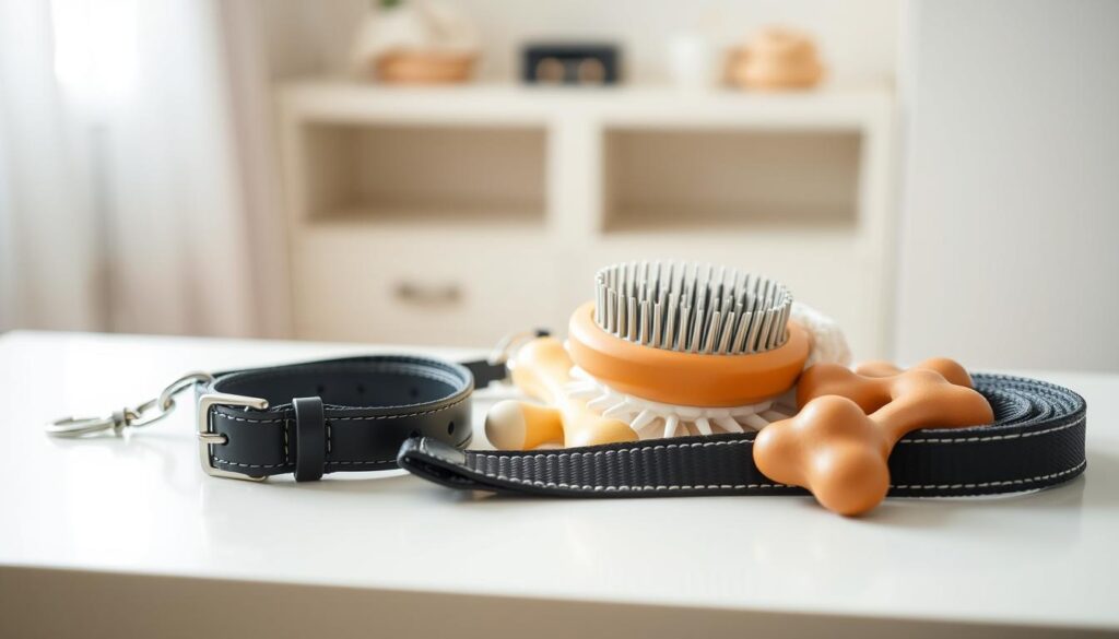Prompt A pristine, well-lit room with a bright, diffused light source illuminating a table. On the table, an array of neatly organized dog accessories - a collar, leash, grooming brush, and chew toys. The accessories are being gently cleaned with a soft cloth, showcasing their renewed shine and pristine condition. The background is slightly blurred, drawing the viewer's attention to the foreground and the careful attention being paid to maintaining these essential dog items. The scene conveys a sense of order, cleanliness, and the importance of properly caring for a pet's belongings. Prompt A pristine, well-lit room with a bright, diffused light source illuminating a table. On the table, an array of neatly organized dog accessories - a collar, leash, grooming brush, and chew toys. The accessories are being gently cleaned with a soft cloth, showcasing their renewed shine and pristine condition. The background is slightly blurred, drawing the viewer's attention to the foreground and the careful attention being paid to maintaining these essential dog items. The scene conveys a sense of order, cleanliness, and the importance of properly caring for a pet's belongings.