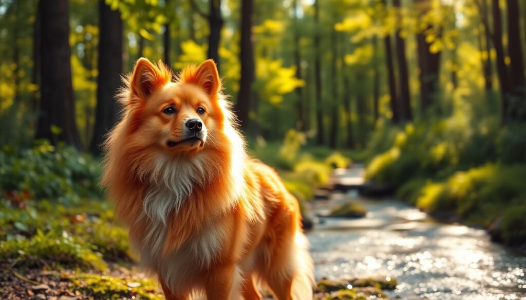 A Finnish Spitz dog standing in a lush, verdant forest, bathed in warm, golden sunlight. The dog's vibrant orange-red coat shimmers, its alert expression conveying a sense of curious, attentive health. In the middle ground, a shallow stream flows gently, reflecting the dappled light. The background is a dense, verdant forest, with tall trees and a canopy of leaves filtering the sunlight. The scene exudes a peaceful, serene atmosphere, capturing the essence of the Finnish Spitz's hardy, resilient nature and the importance of their health and preventative care. Finnish Spitz Temperament Guide