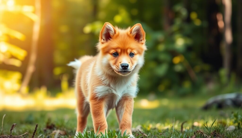 A Finnish Spitz puppy, focused and alert, stands in a natural outdoor setting. The sun casts a warm, golden glow over the scene, illuminating the dog's vibrant orange-red coat and attentive expression. The puppy is positioned in the foreground, with a blurred background of lush, verdant foliage that suggests a peaceful, secluded forest clearing. The camera angle is slightly elevated, capturing the puppy's confident, upright posture as it gazes directly at the viewer, conveying the breed's spirited, trainable temperament. The overall mood is one of tranquility, with the puppy's energy and curiosity balanced by the serene, natural environment. Finnish Spitz Temperament Guide