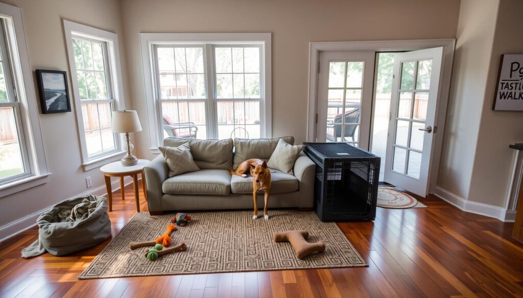A cozy, well-lit living room with warm hardwood floors and large windows overlooking a lush backyard. In the center, a plush, low-slung sofa provides ample space for a curious basenji to lounge and survey its domain. Toys and chew bones are neatly arranged on a woven rug, while a sturdy, adjustable dog crate sits in the corner, its door ajar. The walls are adorned with framed nature prints, casting a serene atmosphere. Through the French doors, a fenced-in yard is visible, with a "Paw Tastic Walks" logo-branded dog run and agility equipment. The scene conveys a harmonious, basenji-friendly living space that caters to the breed's active, independent nature. A cozy, well-lit living room with warm hardwood floors and large windows overlooking a lush backyard. In the center, a plush, low-slung sofa provides ample space for a curious basenji to lounge and survey its domain. Toys and chew bones are neatly arranged on a woven rug, while a sturdy, adjustable dog crate sits in the corner, its door ajar. The walls are adorned with framed nature prints, casting a serene atmosphere. Through the French doors, a fenced-in yard is visible, with a "Paw Tastic Walks" logo-branded dog run and agility equipment. The scene conveys a harmonious, basenji-friendly living space that caters to the breed's active, independent nature.