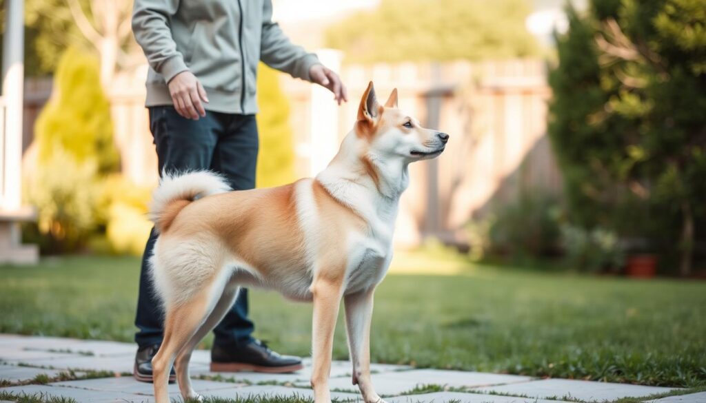 A serene backyard setting with a Jindo dog intently focused on its owner, who is guiding it through a series of obedience commands. The Jindo, with its sleek, fawn-colored coat and alert expression, stands poised and attentive, ready to respond to the gentle yet firm instructions of its human companion. Soft, diffused natural lighting illuminates the scene, creating a sense of warmth and tranquility. The background features a well-manicured lawn, lush greenery, and a wooden fence, suggesting a peaceful, family-friendly environment suitable for the training of this intelligent and loyal Korean breed.