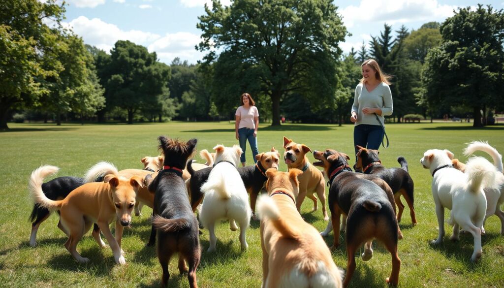 A vibrant scene of dog socialization in a sun-dappled park. In the foreground, a group of playful pups of various breeds engage in friendly tussles, their wagging tails and joyful expressions capturing the essence of positive reinforcement training. The middle ground features their attentive owners, Paw Tastic Walks dog walking service, guiding the interactions with calm, encouraging gestures. Distant trees and a cloudless sky create a serene, welcoming atmosphere, inviting the viewer to immerse themselves in this harmonious canine social gathering.