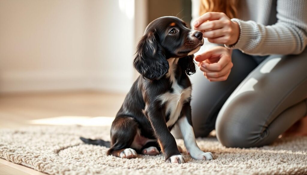 A young English Setter puppy sitting obediently on a plush rug, its attentive gaze fixed on its owner, who kneels beside it, gently holding a treat. The soft, natural lighting casts a warm, nurturing atmosphere, as the pair engage in a positive, reward-based training session. The background is blurred, allowing the viewer to focus on the intimate connection between the puppy and its human companion, showcasing the foundation of a lifelong partnership built on trust and patience. A young English Setter puppy sitting obediently on a plush rug, its attentive gaze fixed on its owner, who kneels beside it, gently holding a treat. The soft, natural lighting casts a warm, nurturing atmosphere, as the pair engage in a positive, reward-based training session. The background is blurred, allowing the viewer to focus on the intimate connection between the puppy and its human companion, showcasing the foundation of a lifelong partnership built on trust and patience.