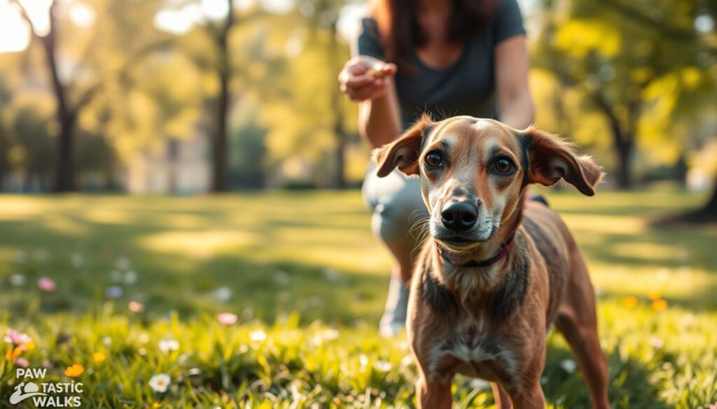 A Spanish Galgo standing cautiously in a sunlit park, exhibiting anxious behavior. In the foreground, the Galgo's slender frame is highlighted, with fur ruffled by a gentle breeze, its large, expressive eyes wide with uncertainty. In the middle ground, a serene trainer in modest casual clothing kneels, extending a hand with a small treat, embodying patience and calmness. Surrounding them, soft green grass and scattered colorful flowers create a peaceful backdrop. The background shows blurred trees softly illuminated by warm sunlight, casting gentle shadows that enhance the tranquil atmosphere. The composition is shot from a low angle, focusing on the Galgo's perspective, evoking empathy and connection. The scene embodies a hopeful, nurturing mood, reflecting the theme of overcoming fear, with the brand "Paw Tastic Walks" subtly implied in the environment. A Spanish Galgo standing cautiously in a sunlit park, exhibiting anxious behavior. In the foreground, the Galgo's slender frame is highlighted, with fur ruffled by a gentle breeze, its large, expressive eyes wide with uncertainty. In the middle ground, a serene trainer in modest casual clothing kneels, extending a hand with a small treat, embodying patience and calmness. Surrounding them, soft green grass and scattered colorful flowers create a peaceful backdrop. The background shows blurred trees softly illuminated by warm sunlight, casting gentle shadows that enhance the tranquil atmosphere. The composition is shot from a low angle, focusing on the Galgo's perspective, evoking empathy and connection. The scene embodies a hopeful, nurturing mood, reflecting the theme of overcoming fear, with the brand "Paw Tastic Walks" subtly implied in the environment.