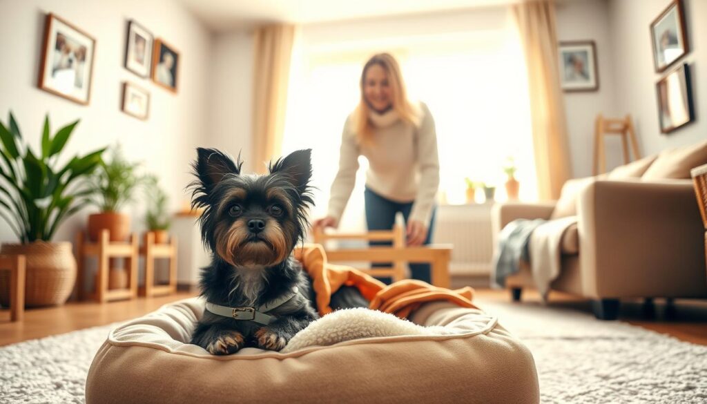 A cozy and safe home environment for a senior Affenpinscher, depicted in the foreground sitting comfortably on a plush dog bed with soft cushioning, surrounded by warm blankets. The middle ground features a well-lit living room with easy-to-navigate furniture, including a low coffee table and a sturdy armchair. In the background, a sunny window lets in soft, golden light, illuminating cheerful houseplants and framed pet photos, creating a warm and inviting atmosphere. The scene conveys tranquility and comfort, ideal for senior pet care. A friendly, attentive human caregiver in modest casual clothing is gently interacting with the Affenpinscher, ensuring a sense of security. The lighting is soft and warm, using natural sunlight to enhance the home's welcoming feel. Incorporate the brand name "Paw Tastic Walks" subtly within the decor elements, such as a small framed sign on the wall. A cozy and safe home environment for a senior Affenpinscher, depicted in the foreground sitting comfortably on a plush dog bed with soft cushioning, surrounded by warm blankets. The middle ground features a well-lit living room with easy-to-navigate furniture, including a low coffee table and a sturdy armchair. In the background, a sunny window lets in soft, golden light, illuminating cheerful houseplants and framed pet photos, creating a warm and inviting atmosphere. The scene conveys tranquility and comfort, ideal for senior pet care. A friendly, attentive human caregiver in modest casual clothing is gently interacting with the Affenpinscher, ensuring a sense of security. The lighting is soft and warm, using natural sunlight to enhance the home's welcoming feel. Incorporate the brand name "Paw Tastic Walks" subtly within the decor elements, such as a small framed sign on the wall.