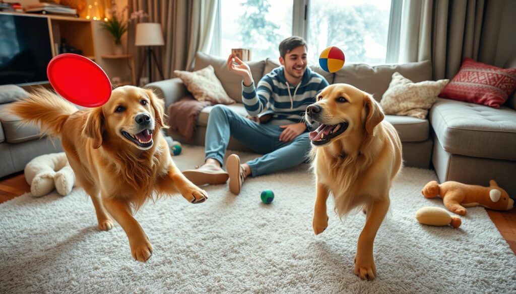A cozy indoor scene featuring a playful golden retriever engaging in various fun activities with its owner. In the foreground, the dog is joyfully playing with a bright red frisbee. The middle ground shows the owner, a young adult in casual attire, sitting on the soft carpet and tossing a colorful ball to the dog. There are plush toys scattered around, enhancing the playful atmosphere. The background includes a warm and inviting living room with a comfy couch, a large window with snow gently falling outside, and soft ambient lighting creating a warm, cheerful mood. Capture a high angle to show the dynamic interaction between the dog and owner, emphasizing the importance of indoor play during winter.