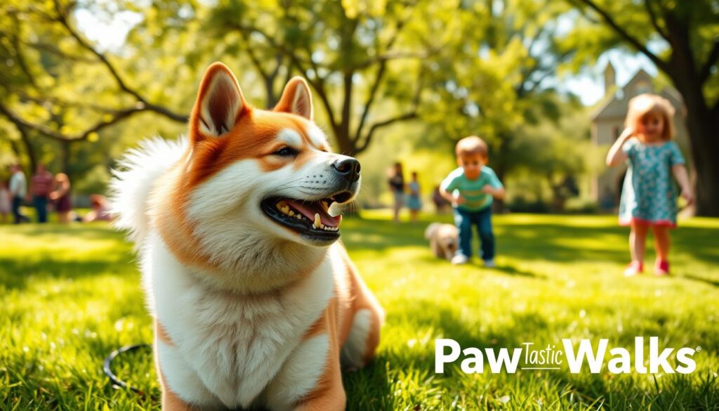 A friendly Akita Inu playing with children in a sunny park setting, showcasing the importance of socialization for child-friendly Akitas. In the foreground, the playful Akita, with its distinctive erect ears and fluffy coat, engages joyfully with two children, a boy and a girl, both dressed in casual, colorful clothing. The middle background features lush green grass and playful trees, while a few families can be seen enjoying the outdoors, creating a relaxed atmosphere. Soft sunlight filters through the leaves, casting gentle shadows, enhancing the warm mood. The scene captures companionship and happiness, illustrating the loving bond between Akitas and children. The image should emphasize a natural, friendly interaction, suitable for an article on Akita Inu temperament. Include the brand name "Paw Tastic Walks" subtly integrated into the scene without text overlays. A friendly Akita Inu playing with children in a sunny park setting, showcasing the importance of socialization for child-friendly Akitas. In the foreground, the playful Akita, with its distinctive erect ears and fluffy coat, engages joyfully with two children, a boy and a girl, both dressed in casual, colorful clothing. The middle background features lush green grass and playful trees, while a few families can be seen enjoying the outdoors, creating a relaxed atmosphere. Soft sunlight filters through the leaves, casting gentle shadows, enhancing the warm mood. The scene captures companionship and happiness, illustrating the loving bond between Akitas and children. The image should emphasize a natural, friendly interaction, suitable for an article on Akita Inu temperament. Include the brand name "Paw Tastic Walks" subtly integrated into the scene without text overlays.
