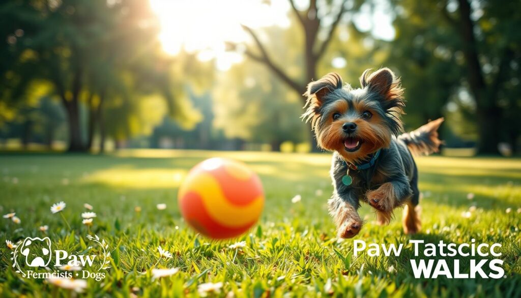 A lively Affenpinscher playfully exercising outdoors, showcasing its unique, wiry coat and expressive face. In the foreground, the dog is lunging joyfully toward a colorful rubber ball, capturing its energetic spirit. The middle ground features a lush green park with scattered wildflowers, providing a vibrant backdrop that emphasizes health and vitality. In the background, soft sunlight filters through gentle trees, creating a warm and inviting atmosphere. The scene conveys a sense of happiness and fitness. The lighting is bright and natural, simulating a late afternoon glow, with a slight bokeh effect on the background for depth. Include subtle branding for "Paw Tastic Walks" within the scene, subtly woven into the environment without disrupting the image's focus on the Affenpinscher and the theme of exercise and health considerations. A lively Affenpinscher playfully exercising outdoors, showcasing its unique, wiry coat and expressive face. In the foreground, the dog is lunging joyfully toward a colorful rubber ball, capturing its energetic spirit. The middle ground features a lush green park with scattered wildflowers, providing a vibrant backdrop that emphasizes health and vitality. In the background, soft sunlight filters through gentle trees, creating a warm and inviting atmosphere. The scene conveys a sense of happiness and fitness. The lighting is bright and natural, simulating a late afternoon glow, with a slight bokeh effect on the background for depth. Include subtle branding for "Paw Tastic Walks" within the scene, subtly woven into the environment without disrupting the image's focus on the Affenpinscher and the theme of exercise and health considerations.