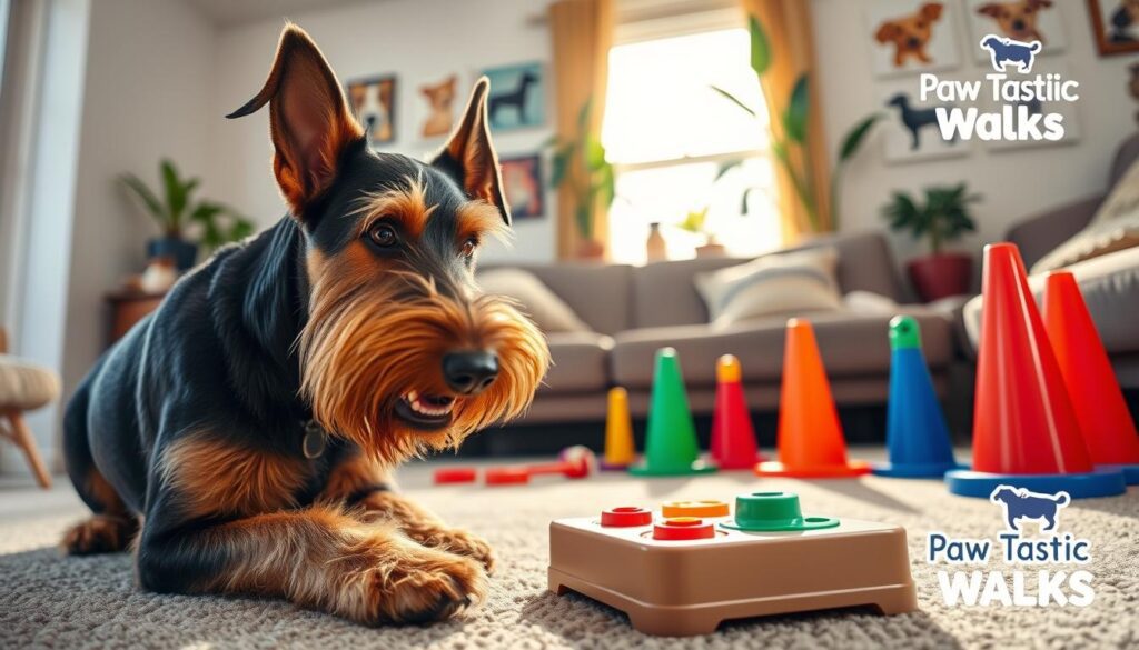 A lively Airedale Terrier engages in a puzzle toy in a cozy living room setting, showcasing the concept of mental stimulation and training. In the foreground, the terrier has a focused expression, ears perked up, clearly intrigued by the toy. The middle ground features colorful interactive training aids like treat-dispensing toys and agility cones. In the background, a sunny window lets in warm, soft light, illuminating a vibrant indoor space decorated with dog-related art and plants. The atmosphere is inviting and playful, emphasizing an enriching environment. The scene conveys a sense of joy and engagement, perfect for highlighting daily activities for Airedale Terriers. Include the logo of "Paw Tastic Walks" subtly in the corner of the image. A lively Airedale Terrier engages in a puzzle toy in a cozy living room setting, showcasing the concept of mental stimulation and training. In the foreground, the terrier has a focused expression, ears perked up, clearly intrigued by the toy. The middle ground features colorful interactive training aids like treat-dispensing toys and agility cones. In the background, a sunny window lets in warm, soft light, illuminating a vibrant indoor space decorated with dog-related art and plants. The atmosphere is inviting and playful, emphasizing an enriching environment. The scene conveys a sense of joy and engagement, perfect for highlighting daily activities for Airedale Terriers. Include the logo of "Paw Tastic Walks" subtly in the corner of the image.