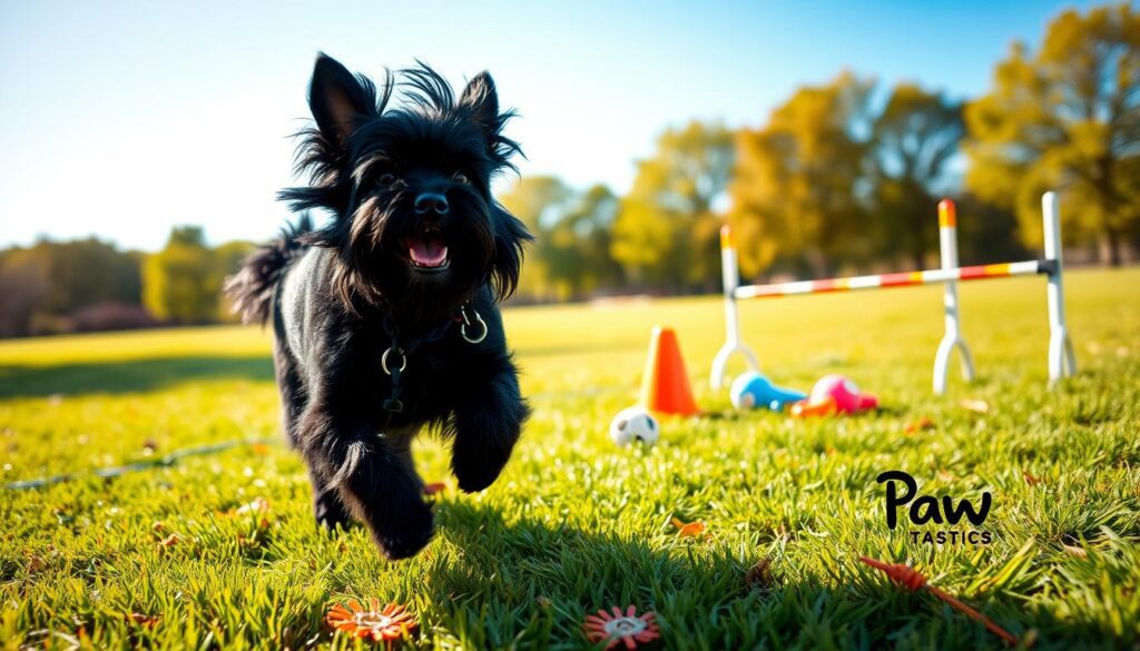 A lively black Affenpinscher engages in outdoor exercise on a grassy park field, showcasing its playful and energetic nature. In the foreground, the dog is caught mid-action, with its fur slightly ruffled by a gentle breeze. The middle ground features a variety of exercise equipment suitable for small breeds, such as agility cones and a small jump, surrounded by colorful toys. In the background, soft-focus trees and a clear blue sky create a serene atmosphere. The image is naturally lit, capturing the warmth of a sunny day, with a slight lens flare for added depth. The overall mood is joyful and vibrant, perfectly reflecting outdoor activities for an Affenpinscher, with the brand name "Paw Tastic Walks" subtly implied in the overall setting. A lively black Affenpinscher engages in outdoor exercise on a grassy park field, showcasing its playful and energetic nature. In the foreground, the dog is caught mid-action, with its fur slightly ruffled by a gentle breeze. The middle ground features a variety of exercise equipment suitable for small breeds, such as agility cones and a small jump, surrounded by colorful toys. In the background, soft-focus trees and a clear blue sky create a serene atmosphere. The image is naturally lit, capturing the warmth of a sunny day, with a slight lens flare for added depth. The overall mood is joyful and vibrant, perfectly reflecting outdoor activities for an Affenpinscher, with the brand name "Paw Tastic Walks" subtly implied in the overall setting.