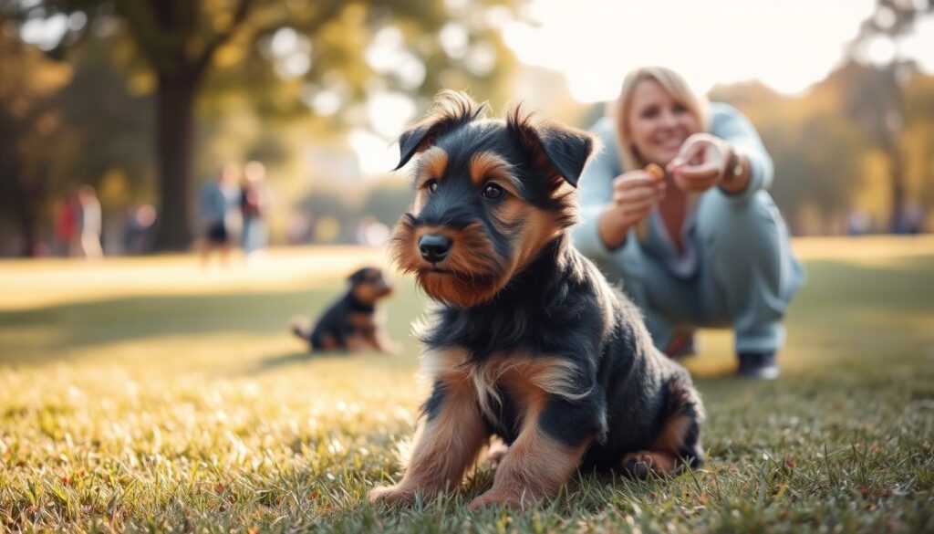 A playful Airedale puppy engaging in training, sitting attentively on a grassy field with a gentle sunlight illuminating its fluffy coat, creating a warm and inviting atmosphere. In the foreground, the puppy's expressive eyes and perked ears convey curiosity and eagerness to learn. In the midground, a friendly trainer dressed in modest casual clothing demonstrates a command, holding a treat, encouraging the puppy to respond. The background features a soft-focus view of a park with trees and a few distant people enjoying the day. The image captures a sense of joy and connection between the puppy and its trainer, symbolizing the nurturing experience of a first-time dog owner. The scene embodies a professional vibe that aligns with "Paw Tastic Walks."