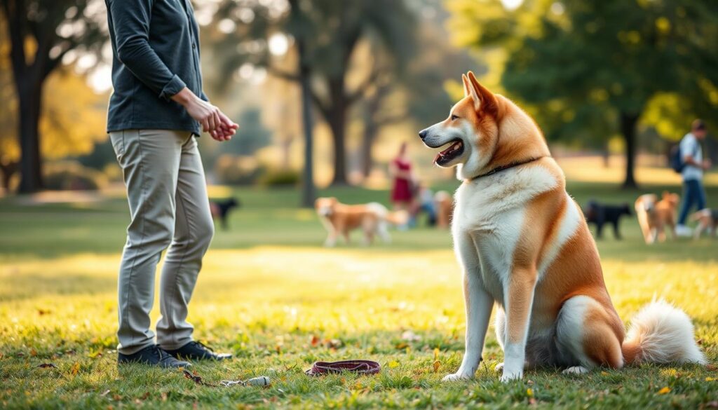 A serene outdoor training scene featuring an Akita Inu, showcasing its strong build and dignified posture. In the foreground, a professional dog trainer in casual, modest attire demonstrates a training command, using hand signals and treats. The Akita Inu attentively responds, highlighting its intelligence and eagerness to learn. In the middle ground, a grassy park setting with soft sunlight filtering through trees creates a warm, inviting atmosphere. Small training tools, like a clicker and leash, are subtly placed on the ground. The background features a blur of other practicing dogs and trainers, emphasizing a community focus on effective training methods. The scene embodies a sense of patience, dedication, and love, tagged with “Paw Tastic Walks” in the landscape, encapsulating the training requirements for family Akitas. A serene outdoor training scene featuring an Akita Inu, showcasing its strong build and dignified posture. In the foreground, a professional dog trainer in casual, modest attire demonstrates a training command, using hand signals and treats. The Akita Inu attentively responds, highlighting its intelligence and eagerness to learn. In the middle ground, a grassy park setting with soft sunlight filtering through trees creates a warm, inviting atmosphere. Small training tools, like a clicker and leash, are subtly placed on the ground. The background features a blur of other practicing dogs and trainers, emphasizing a community focus on effective training methods. The scene embodies a sense of patience, dedication, and love, tagged with “Paw Tastic Walks” in the landscape, encapsulating the training requirements for family Akitas.
