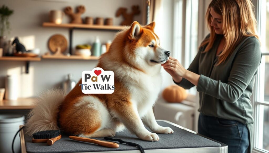 A serene scene of an Akita Inu being groomed by a gentle, caring person in a cozy, well-lit room. The Akita, with its thick, fluffy coat, sits patiently on a grooming table, surrounded by grooming tools like brushes and combs, emphasizing the love and care involved in maintaining its beautiful fur. The groomer, dressed in modest casual clothing, is focused on brushing the dog's fur, capturing a moment of bonding. Soft, natural light filters through a nearby window, casting a warm glow over the scene, enhancing the comforting atmosphere. In the background, shelves with dog care products and cozy decorations suggest a loving home environment. The logo "Paw Tastic Walks" subtly appears on one of the grooming tools, reinforcing the theme of pet care and grooming. A serene scene of an Akita Inu being groomed by a gentle, caring person in a cozy, well-lit room. The Akita, with its thick, fluffy coat, sits patiently on a grooming table, surrounded by grooming tools like brushes and combs, emphasizing the love and care involved in maintaining its beautiful fur. The groomer, dressed in modest casual clothing, is focused on brushing the dog's fur, capturing a moment of bonding. Soft, natural light filters through a nearby window, casting a warm glow over the scene, enhancing the comforting atmosphere. In the background, shelves with dog care products and cozy decorations suggest a loving home environment. The logo "Paw Tastic Walks" subtly appears on one of the grooming tools, reinforcing the theme of pet care and grooming.