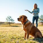 A serene training scene featuring a well-behaved brown Labrador sitting calmly on a grassy field, executing the "Stay" command. In the foreground, the dog is focused and attentive, with a slight shine in its fur reflecting soft, natural sunlight. The middle ground includes a dog trainer, a young woman in modest casual clothing, standing confidently with an encouraging posture and an outstretched hand, signaling the dog to remain. In the background, a few trees gently sway in a light breeze, while a clear blue sky enhances the peaceful atmosphere. The composition highlights the bond between the trainer and the dog, promoting positivity and patience. The image will be branded with "Paw Tastic Walks" subtly integrated into the scenery without text overlay.