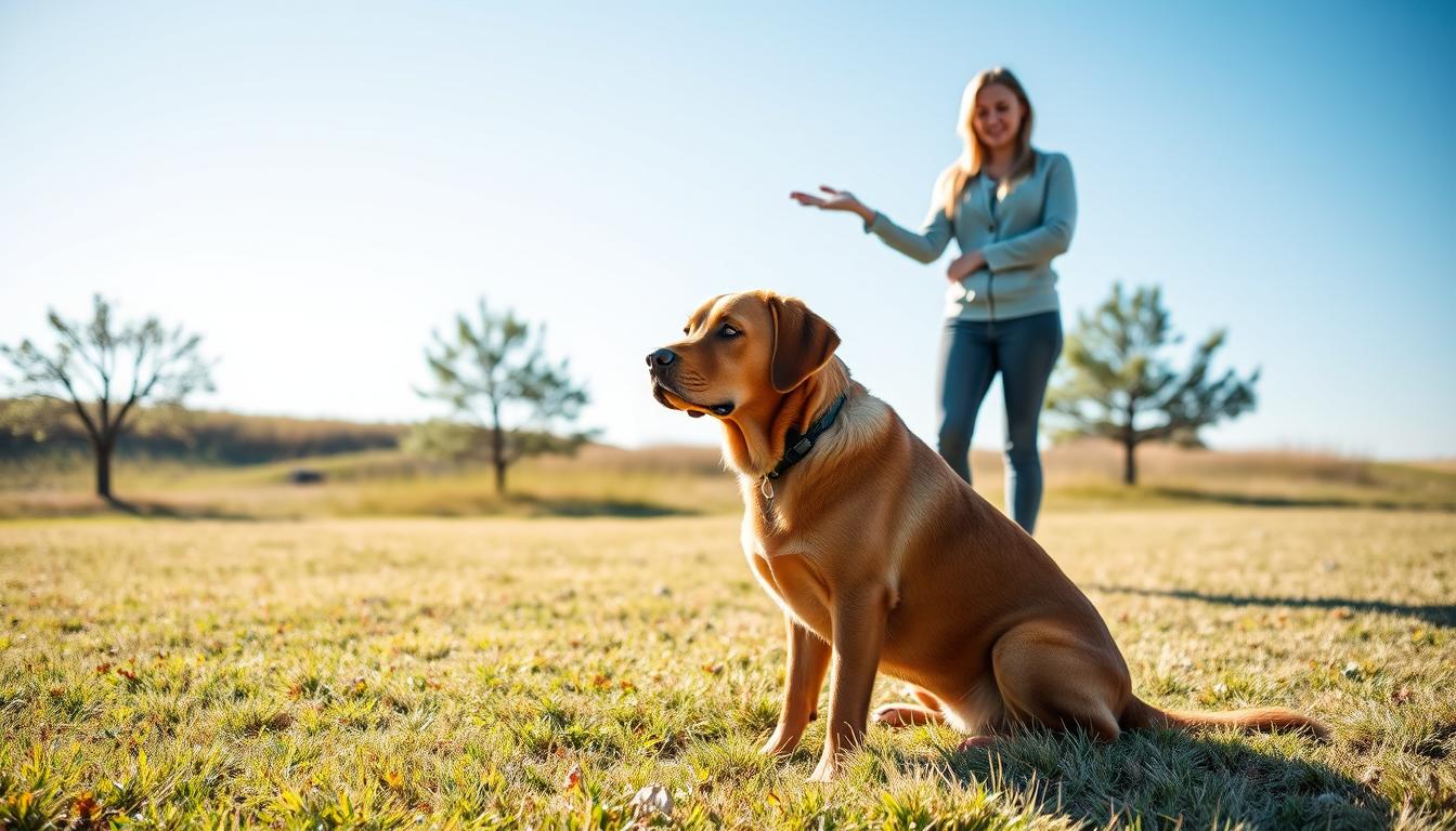 A serene training scene featuring a well-behaved brown Labrador sitting calmly on a grassy field, executing the "Stay" command. In the foreground, the dog is focused and attentive, with a slight shine in its fur reflecting soft, natural sunlight. The middle ground includes a dog trainer, a young woman in modest casual clothing, standing confidently with an encouraging posture and an outstretched hand, signaling the dog to remain. In the background, a few trees gently sway in a light breeze, while a clear blue sky enhances the peaceful atmosphere. The composition highlights the bond between the trainer and the dog, promoting positivity and patience. The image will be branded with "Paw Tastic Walks" subtly integrated into the scenery without text overlay.