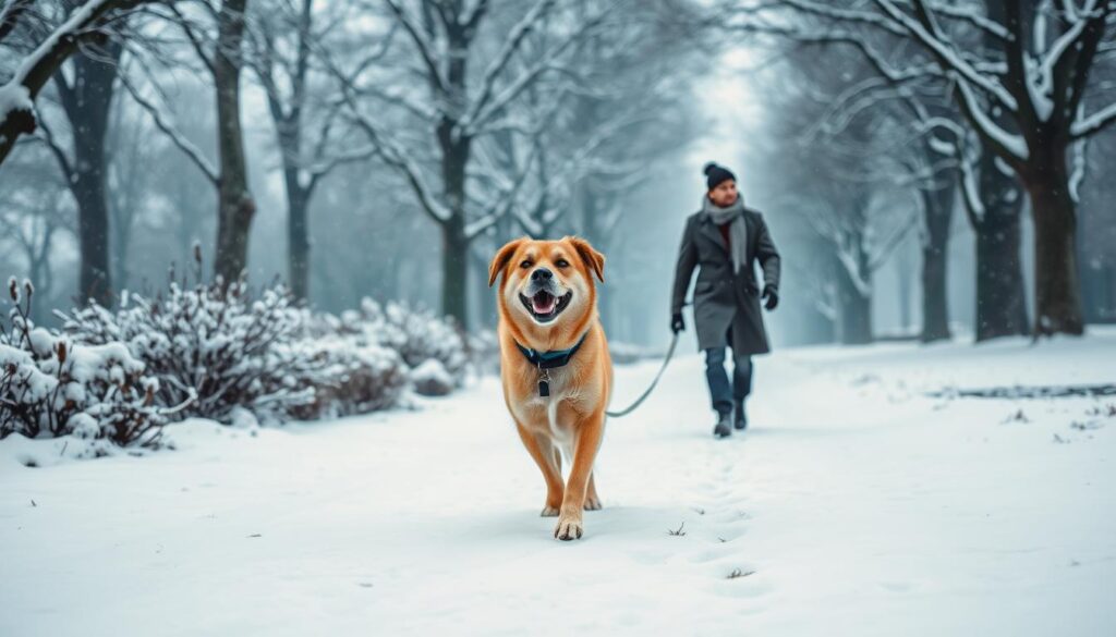 A snowy park scene during winter, showcasing a friendly medium-sized dog on a leash, walking alongside a person dressed in warm, professional winter attire with a stylish coat, scarf, and gloves. The foreground features a snow-covered path lined with snow-dusted trees, and scattered footprints in the snow to imply recent activity. In the middle ground, emphasize the dog's joyful expression and playful stance as it interacts with its owner, who looks attentive and engaged. The background displays a gently falling snow with soft, diffused lighting creating a serene and peaceful atmosphere. The color palette consists of cool blues, whites, and warm pops from the dog's fur and the owner's clothing, all conveying a sense of safety and enjoyment in winter dog walking.