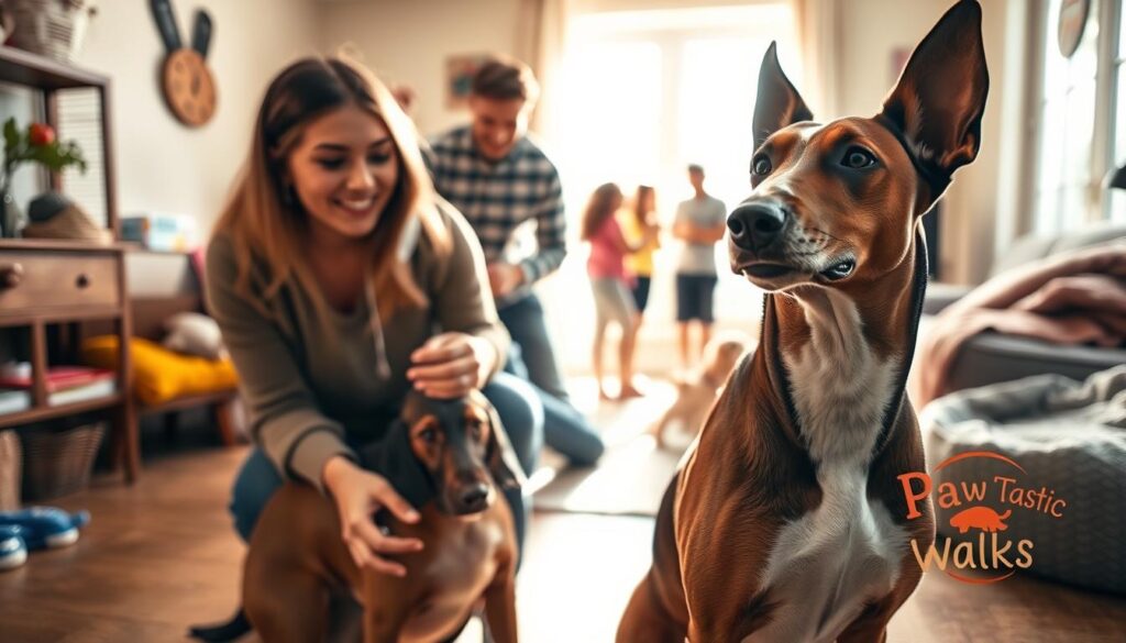 A warm and inviting scene showcasing a Spanish Galgo dog being lovingly adopted in a cozy, sunny home environment. In the foreground, the Galgo, with its sleek coat and gentle expression, sits beside a smiling young woman wearing modest casual clothing, gently petting the dog. In the middle ground, a cheerful family can be seen interacting with the Galgo, highlighting a joyful moment of connection. In the background, a softly lit room filled with pet-friendly accessories like toys and a cozy dog bed creates a welcoming atmosphere. Natural sunlight filters through a window, casting a warm glow over the scene. The mood feels uplifting and heartwarming, perfect for illustrating the adoption theme. Include the “Paw Tastic Walks” logo subtly in the background. A warm and inviting scene showcasing a Spanish Galgo dog being lovingly adopted in a cozy, sunny home environment. In the foreground, the Galgo, with its sleek coat and gentle expression, sits beside a smiling young woman wearing modest casual clothing, gently petting the dog. In the middle ground, a cheerful family can be seen interacting with the Galgo, highlighting a joyful moment of connection. In the background, a softly lit room filled with pet-friendly accessories like toys and a cozy dog bed creates a welcoming atmosphere. Natural sunlight filters through a window, casting a warm glow over the scene. The mood feels uplifting and heartwarming, perfect for illustrating the adoption theme. Include the “Paw Tastic Walks” logo subtly in the background.