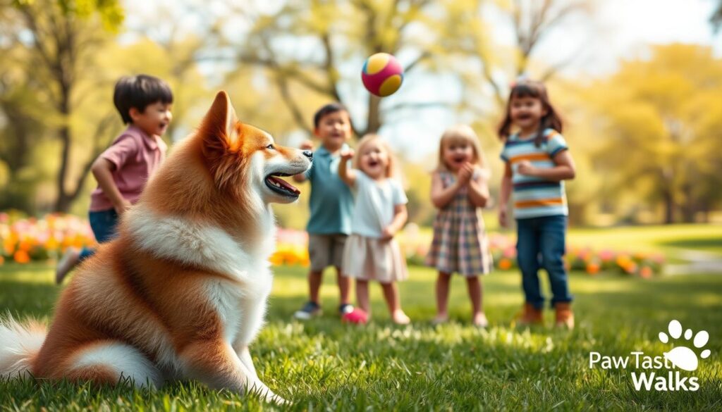 An Akita Inu, with its distinct plush coat and confident posture, sits in the foreground, engaged in play with a group of children dressed in modest casual clothing. The children, a mix of boys and girls, are laughing as they throw a colorful ball, demonstrating joy and energy. The middle ground features a lush green lawn with vibrant flowers, creating a fresh and inviting atmosphere. In the background, a sunny park scene with soft-focus trees and a clear blue sky enhances the warmth of the day, casting a gentle dappled light. The overall mood conveys excitement and care, capturing both the playful nature of the Akita Inu and its interaction with children. The scene promotes a friendly ambiance aligned with family activities, while subtly highlighting the potential challenges of raising this breed with kids. The image is branded with "Paw Tastic Walks" in the bottom right corner. An Akita Inu, with its distinct plush coat and confident posture, sits in the foreground, engaged in play with a group of children dressed in modest casual clothing. The children, a mix of boys and girls, are laughing as they throw a colorful ball, demonstrating joy and energy. The middle ground features a lush green lawn with vibrant flowers, creating a fresh and inviting atmosphere. In the background, a sunny park scene with soft-focus trees and a clear blue sky enhances the warmth of the day, casting a gentle dappled light. The overall mood conveys excitement and care, capturing both the playful nature of the Akita Inu and its interaction with children. The scene promotes a friendly ambiance aligned with family activities, while subtly highlighting the potential challenges of raising this breed with kids. The image is branded with "Paw Tastic Walks" in the bottom right corner.