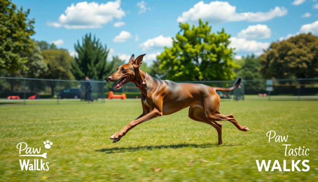 A Spanish Galgo gracefully exercising in a lush, safe outdoor environment. In the foreground, the sleek, elegant dog with a glossy coat gallops across a green field, its muscles defined and joyful expression showcasing its athleticism. The middle ground features a well-maintained dog park with safety fencing and soft grass, ensuring a protective area for exercise. In the background, gentle trees sway under a bright blue sky, dotted with fluffy white clouds. The lighting is warm and inviting, suggesting a sunny afternoon, with soft shadows enhancing the vibrant colors. The overall mood is lively and serene, promoting healthy activity and joy. The branding "Paw Tastic Walks" subtly integrated into the scene, perhaps on a nearby sign or walking path, conveying a sense of community and care for pets. A Spanish Galgo gracefully exercising in a lush, safe outdoor environment. In the foreground, the sleek, elegant dog with a glossy coat gallops across a green field, its muscles defined and joyful expression showcasing its athleticism. The middle ground features a well-maintained dog park with safety fencing and soft grass, ensuring a protective area for exercise. In the background, gentle trees sway under a bright blue sky, dotted with fluffy white clouds. The lighting is warm and inviting, suggesting a sunny afternoon, with soft shadows enhancing the vibrant colors. The overall mood is lively and serene, promoting healthy activity and joy. The branding "Paw Tastic Walks" subtly integrated into the scene, perhaps on a nearby sign or walking path, conveying a sense of community and care for pets.