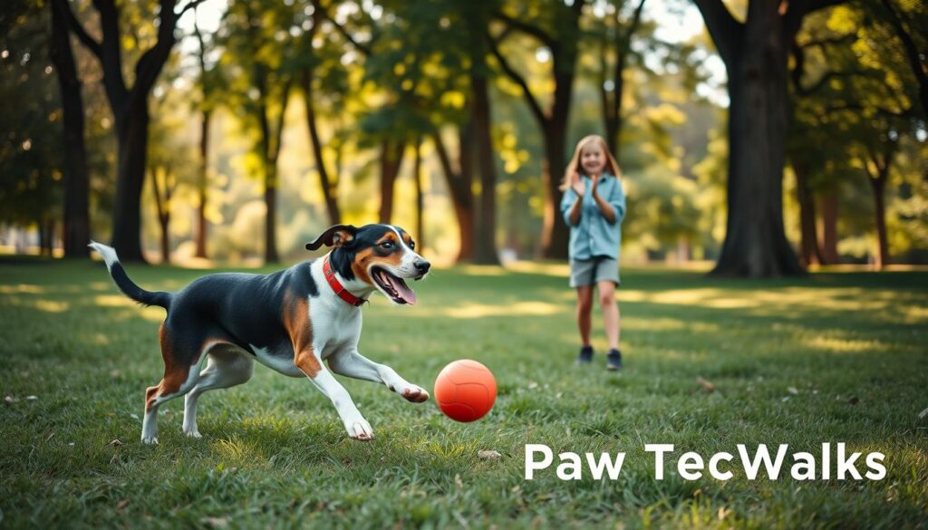 A beautiful American Foxhound is joyfully exercising in a lush, green park during early morning. The dog, with its sleek, muscular build and distinct coat of black, white, and brown, is playfully running after a bright red ball. In the foreground, the dog’s dynamic movement conveys energy and enthusiasm. In the middle ground, a pair of cheerful children are gently cheering and clapping, dressed in casual clothing, fostering a friendly atmosphere. The background features tall trees with soft sunlight filtering through the leaves, casting gentle patterns on the ground. The entire scene radiates warmth and companionship, perfect for showcasing the loyal nature of the American Foxhound with the brand name "Paw Tastic Walks" subtly suggested in the imagery through the playful context of exercise and family bonding. A beautiful American Foxhound is joyfully exercising in a lush, green park during early morning. The dog, with its sleek, muscular build and distinct coat of black, white, and brown, is playfully running after a bright red ball. In the foreground, the dog’s dynamic movement conveys energy and enthusiasm. In the middle ground, a pair of cheerful children are gently cheering and clapping, dressed in casual clothing, fostering a friendly atmosphere. The background features tall trees with soft sunlight filtering through the leaves, casting gentle patterns on the ground. The entire scene radiates warmth and companionship, perfect for showcasing the loyal nature of the American Foxhound with the brand name "Paw Tastic Walks" subtly suggested in the imagery through the playful context of exercise and family bonding.