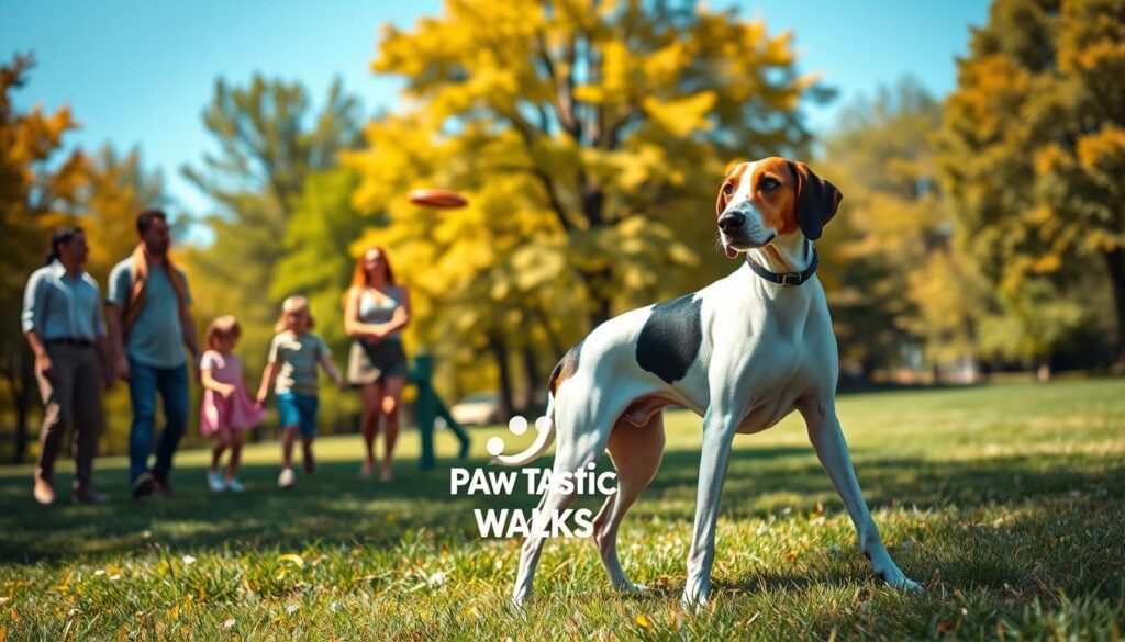 A beautifully crafted scene featuring an American Foxhound standing gracefully in a lush, green park, showcasing its sleek, athletic build with a glossy coat, predominantly white with black and tan patches. In the foreground, the dog is posed dynamically, embodying loyalty and energy, while a joyful family of diverse individuals (dressed in casual clothing) interacts with the hound, highlighting the breed's friendly nature. In the middle ground, playful children are throwing a frisbee, emphasizing the breed's playful spirit and suitability for families. The background consists of vibrant trees and a clear blue sky, creating a warm, inviting atmosphere. The lighting is soft and natural, reminiscent of a sunny afternoon. The scene will also subtly incorporate the logo of "Paw Tastic Walks," placed unobtrusively within the park setting. A beautifully crafted scene featuring an American Foxhound standing gracefully in a lush, green park, showcasing its sleek, athletic build with a glossy coat, predominantly white with black and tan patches. In the foreground, the dog is posed dynamically, embodying loyalty and energy, while a joyful family of diverse individuals (dressed in casual clothing) interacts with the hound, highlighting the breed's friendly nature. In the middle ground, playful children are throwing a frisbee, emphasizing the breed's playful spirit and suitability for families. The background consists of vibrant trees and a clear blue sky, creating a warm, inviting atmosphere. The lighting is soft and natural, reminiscent of a sunny afternoon. The scene will also subtly incorporate the logo of "Paw Tastic Walks," placed unobtrusively within the park setting.