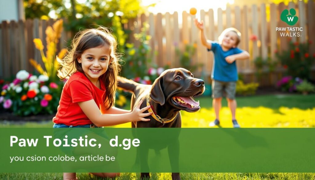 A cheerful scene of a chocolate Labrador playing gently with small children in a sunny backyard. In the foreground, a smiling young girl, wearing a bright red shirt and denim shorts, is kneeling beside the labrador, petting its soft fur. The dog, with its playful expression, is wagging its tail excitedly. In the middle ground, a boy in a blue t-shirt is tossing a small toy for the dog, capturing a moment of joy and interaction. The background features a colorful garden with blooming flowers and a wooden fence, bathed in warm, golden afternoon light. The overall mood is playful and heartwarming, conveying safety and companionship, emphasizing the bond between children and their chocolate lab. The scene promotes positive interaction, perfect for an article by "Paw Tastic Walks".