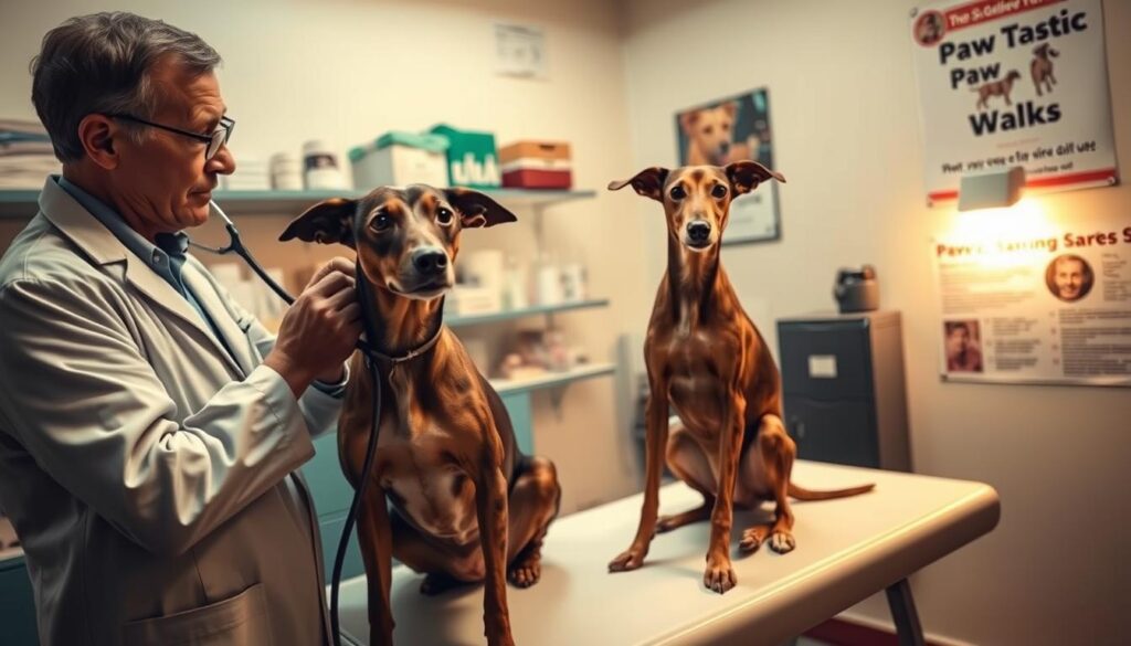A concerned veterinarian examines a rescued Spanish Galgo, highlighting health issues typical to the breed, like thinness and skin conditions. The foreground features the vet in a smart, professional outfit holding a stethoscope, gently checking the dog’s body. In the middle, the Galgo, with its distinctive sleek, elongated appearance and soulful eyes, sits on a clean examination table, looking a bit apprehensive but hopeful. The background includes a softly lit veterinary clinic with shelves of medical supplies and informational posters about galgo care. The atmosphere conveys a sense of compassion and urgency, emphasizing the importance of health considerations for rescued Galgos. Subtle lighting casts a warm glow, creating an inviting yet serious mood. Ensure the branding "Paw Tastic Walks" is subtly integrated into the surroundings, such as on a wall poster.