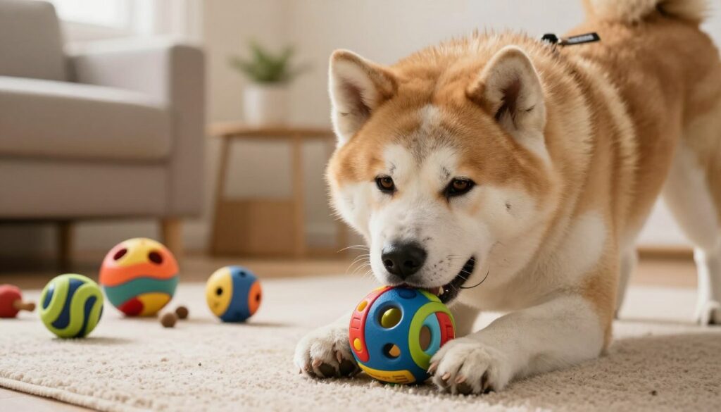 A focused American Akita engaged in a stimulating puzzle toy, showcasing its intelligence and playful nature. In the foreground, the Akita, with its distinct thick double coat, powerful build, and bright, alert eyes, is intently pawing at a colorful interactive toy designed to challenge its mind. In the middle background, a cozy room filled with various mental stimulation tools like treat-dispensing balls and scent-tracking games, enhancing the atmosphere of an enriching environment. The background features warm, soft lighting casting a gentle glow, creating a welcoming and calm ambiance. The overall mood is one of engagement and happiness, illustrating the importance of mental exercise. A logo for "Paw Tastic Walks" subtly included on a toy nearby, indicating the brand's focus on active lifestyle for dogs.