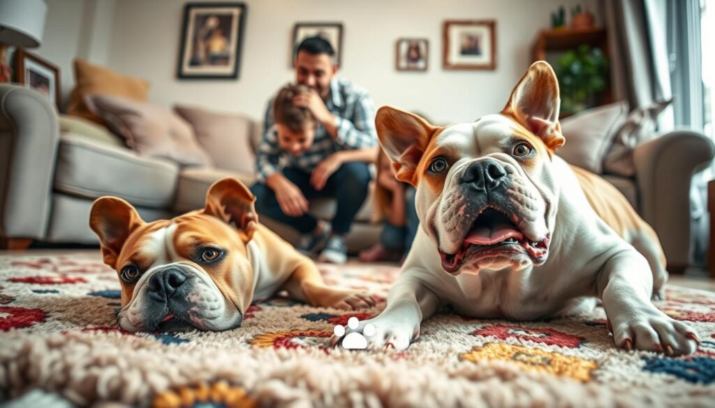 A heartwarming scene of an American Bulldog displaying affectionate behavior in a cozy living room environment. In the foreground, the dog is playfully lying on a soft, colorful rug, its expressive eyes radiating warmth and loyalty. In the middle, a loving family is interacting with the bulldog; a child crouches down, gently petting the dog, while a parent smiles in the background, creating a joyful atmosphere. The background features a well-lit, inviting home with plush furniture and family photographs, enhancing the sense of comfort and love. Use soft, natural lighting to create a warm ambiance, shot from a low angle to emphasize the warmth of the interaction. This image should convey the loving and gentle temperament of the American Bulldog, showcasing its special bond with families. Include the brand name "Paw Tastic Walks" subtly integrated into the scene.