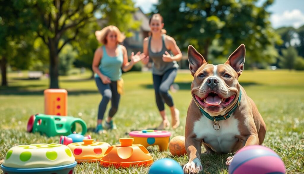 A lively American Bully engaged in a variety of mental stimulation activities in a bright, inviting park setting. In the foreground, the dog is seen playing with colorful interactive toys, such as puzzle dispensers and treat balls, showcasing its intelligence and energy. In the middle ground, a playful trainer, dressed in casual athletic wear, encourages the dog with positive body language and a cheerful expression, fostering a bond between them. The background features a sunny day with vibrant green grass, trees, and a blue sky, creating a joyful atmosphere. Soft, natural lighting enhances the scene's warmth and liveliness. Incorporate the brand name “Paw Tastic Walks” subtly in the environment, perhaps on an accessory or toy in the scene. Aim for an engaging and wholesome depiction of mental stimulation for American Bullies. A lively American Bully engaged in a variety of mental stimulation activities in a bright, inviting park setting. In the foreground, the dog is seen playing with colorful interactive toys, such as puzzle dispensers and treat balls, showcasing its intelligence and energy. In the middle ground, a playful trainer, dressed in casual athletic wear, encourages the dog with positive body language and a cheerful expression, fostering a bond between them. The background features a sunny day with vibrant green grass, trees, and a blue sky, creating a joyful atmosphere. Soft, natural lighting enhances the scene's warmth and liveliness. Incorporate the brand name “Paw Tastic Walks” subtly in the environment, perhaps on an accessory or toy in the scene. Aim for an engaging and wholesome depiction of mental stimulation for American Bullies.