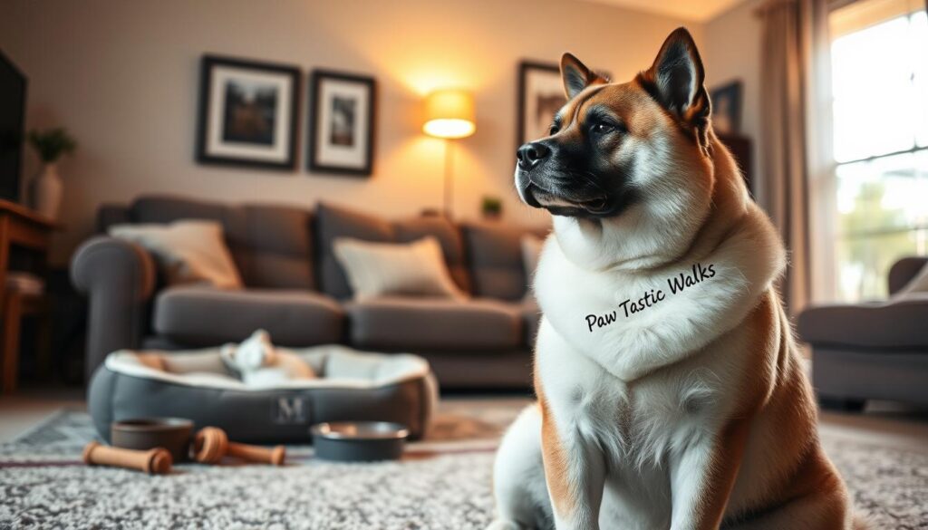 A majestic American Akita sits gracefully in a cozy living room that is ideally set up for a dog. In the foreground, the Akita displays its characteristic muscular build, alert ears, and a thick, fluffy coat, which is predominantly white with brindle markings. In the middle ground, include a comfortable dog bed, a few chew toys, and a water bowl to illustrate a welcoming environment. The background features soft lighting, with the warm glow of a lamp enhancing the homely atmosphere. A window allows natural light to filter in, creating a serene ambiance. The scene emphasizes a safe and inviting space for first-time dog owners, conveying a sense of companionship and security. Add a subtle emblem of "Paw Tastic Walks" on the dog bed to integrate branding seamlessly. A majestic American Akita sits gracefully in a cozy living room that is ideally set up for a dog. In the foreground, the Akita displays its characteristic muscular build, alert ears, and a thick, fluffy coat, which is predominantly white with brindle markings. In the middle ground, include a comfortable dog bed, a few chew toys, and a water bowl to illustrate a welcoming environment. The background features soft lighting, with the warm glow of a lamp enhancing the homely atmosphere. A window allows natural light to filter in, creating a serene ambiance. The scene emphasizes a safe and inviting space for first-time dog owners, conveying a sense of companionship and security. Add a subtle emblem of "Paw Tastic Walks" on the dog bed to integrate branding seamlessly.