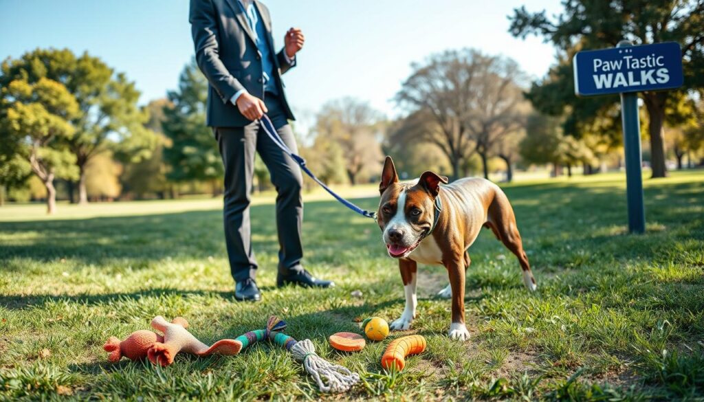 A professional dog trainer engaging in effective leash training techniques with an American Staffordshire Terrier. The trainer, dressed in a smart, casual outfit, is demonstrating proper leash handling skills while standing on a grassy park path. In the foreground, focus on the trainer's hands gently guiding the leash, while the dog appears attentive and focused on the trainer. In the middle, showcase various training tools like treats and toys laid out neatly on the path, emphasizing a positive training environment. The background features a serene park setting with trees and a clear blue sky, creating a peaceful atmosphere. Soft, natural lighting enhances the scene, capturing the bond between the trainer and the dog. Subtly incorporate the brand name "Paw Tastic Walks" on a nearby signpost. A professional dog trainer engaging in effective leash training techniques with an American Staffordshire Terrier. The trainer, dressed in a smart, casual outfit, is demonstrating proper leash handling skills while standing on a grassy park path. In the foreground, focus on the trainer's hands gently guiding the leash, while the dog appears attentive and focused on the trainer. In the middle, showcase various training tools like treats and toys laid out neatly on the path, emphasizing a positive training environment. The background features a serene park setting with trees and a clear blue sky, creating a peaceful atmosphere. Soft, natural lighting enhances the scene, capturing the bond between the trainer and the dog. Subtly incorporate the brand name "Paw Tastic Walks" on a nearby signpost.