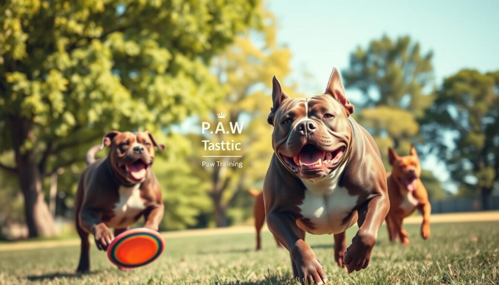 A vibrant scene showcasing an American Bully engaged in various sports and activities in an outdoor setting. In the foreground, a muscular American Bully is energetically running with a colorful frisbee, showcasing its athleticism and personality. In the middle ground, a professional dog trainer, dressed in a smart casual outfit, is demonstrating fetch techniques, while a second American Bully eagerly participates. In the background, lush green trees and a clear blue sky create a lively, inviting atmosphere. The lighting is warm and sunny, emphasizing the joy of outdoor exercise. The overall mood is energetic and playful, highlighting the importance of professional training for optimal canine fitness. Include a subtle brand element of "Paw Tastic Walks" in the background. A vibrant scene showcasing an American Bully engaged in various sports and activities in an outdoor setting. In the foreground, a muscular American Bully is energetically running with a colorful frisbee, showcasing its athleticism and personality. In the middle ground, a professional dog trainer, dressed in a smart casual outfit, is demonstrating fetch techniques, while a second American Bully eagerly participates. In the background, lush green trees and a clear blue sky create a lively, inviting atmosphere. The lighting is warm and sunny, emphasizing the joy of outdoor exercise. The overall mood is energetic and playful, highlighting the importance of professional training for optimal canine fitness. Include a subtle brand element of "Paw Tastic Walks" in the background.