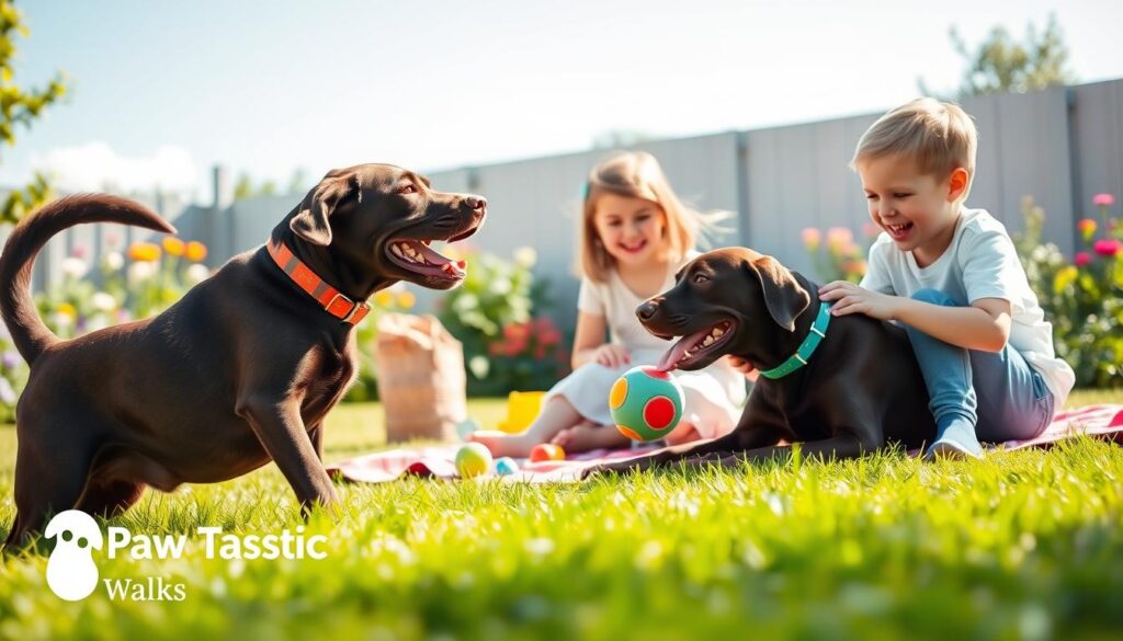A warm and joyful scene depicting a playful Chocolate Labrador retriever interacting affectionately with two small children in a sunny backyard. In the foreground, the Chocolate Lab is seen wagging its tail, enjoying a game of fetch with a colorful ball, while one child, a girl aged around 5, giggles and reaches for the ball. The second child, a boy aged about 4, sits beside the Lab, petting its soft fur with a big smile. In the middle ground, a picnic blanket and some toys are spread out, hinting at a family outing. The background features lush green grass, bright flowers, and a clear blue sky, creating a cheerful and inviting atmosphere. Soft sunlight illuminates the scene, highlighting the bond between the dog and the children. Logo of "Paw Tastic Walks" subtly integrated into the layout.