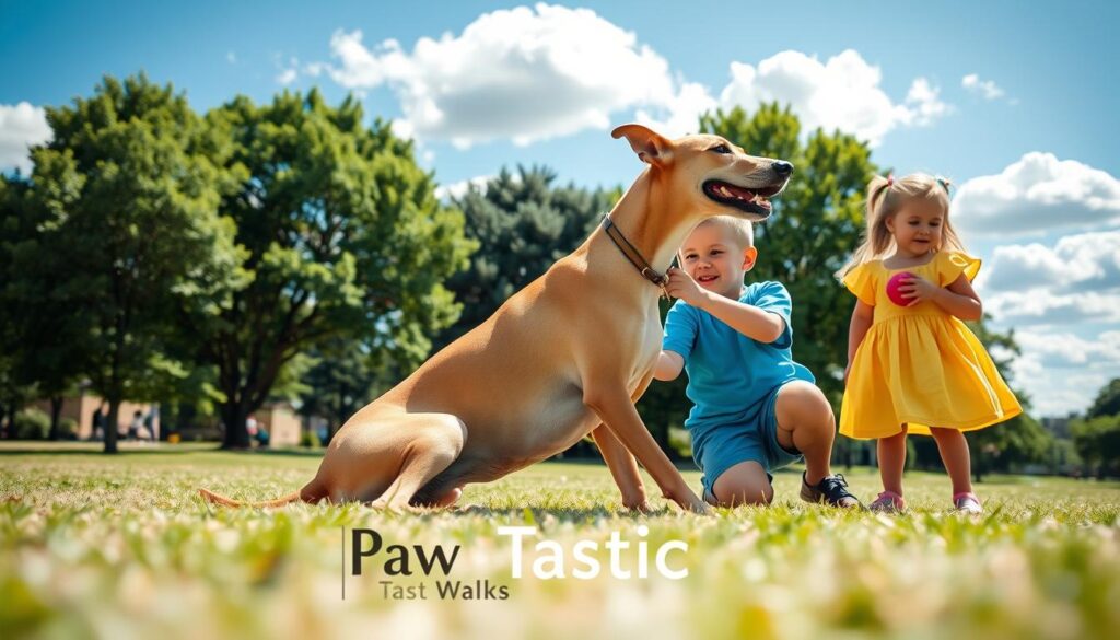 A warm, sunlit park scene featuring a Spanish Galgo, gracefully interacting with two children. The Galgo, sleek and elegant with a short, smooth coat in shades of fawn, sits calmly while the children, a boy and a girl aged around 7-8 years, play around it. The boy, dressed in a bright blue t-shirt and shorts, is gently petting the Galgo, while the girl, in a cheerful yellow dress, is laughing and holding a toy ball. In the background, fluffy clouds float in a clear blue sky, with lush green trees framing the scenic setting. Soft, diffused lighting enhances the playful and trusting atmosphere, captured from a low angle to highlight the bond between the children and the Galgo. Branding for 'Paw Tastic Walks' subtly incorporated in a natural, unobtrusive way in the foreground, enhancing the community experience.
