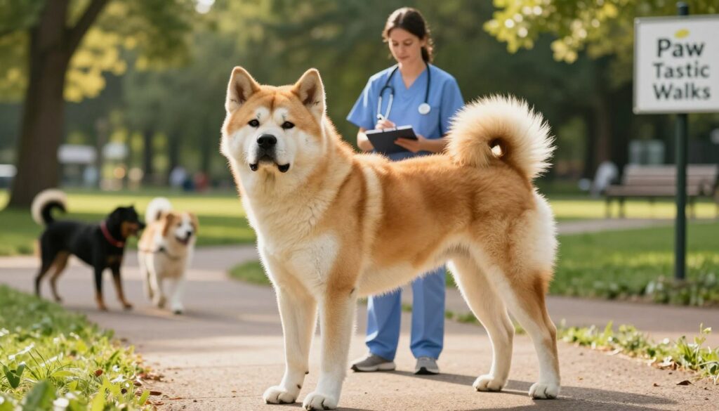 An American Akita standing proudly in the foreground, showcasing its strong and muscular build, with a focus on its glossy coat and bright, attentive eyes. In the middle ground, a veterinarian in professional attire is observing the dog while taking notes, illustrating health considerations related to exercise. The background features a serene, green park setting with a gentle path where other dogs play, symbolizing an engaging environment for exercise. The lighting is warm and inviting, reminiscent of a sunny day, casting soft shadows and highlighting the fur's texture. The atmosphere feels energetic yet calm, promoting the idea of health and well-being. Include a subtle logo of "Paw Tastic Walks" on a nearby signpost, blending seamlessly into the scene.