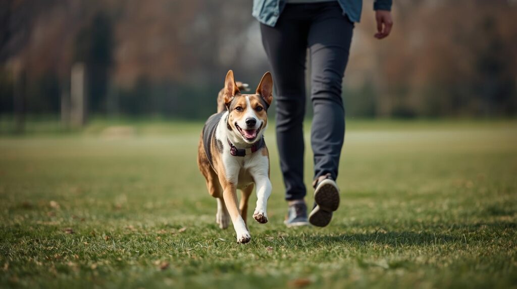 a dog receiving recall training and running back to it's owner