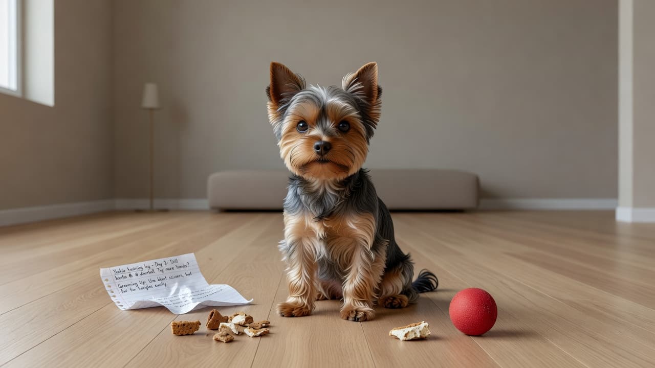 A small Yorkshire Terrier with a groomed tan and black coat sits attentively on a polished hardwood floor. The neutral living room background remains out of focus to emphasize the canine.