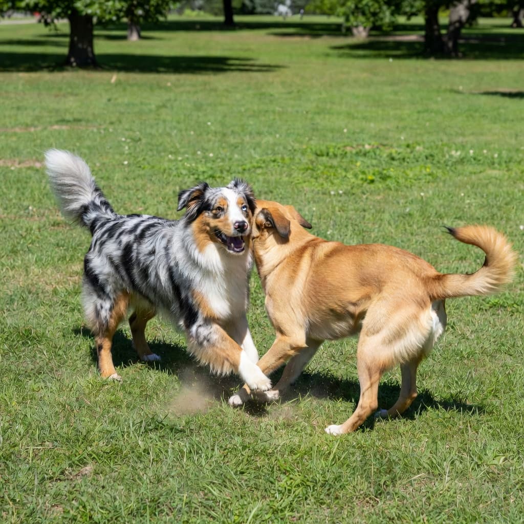 An Australian Shepherd chases a companion dog across a vibrant green lawn during a sunny afternoon. The pair of energetic canines run through the tall grass in an open public park.