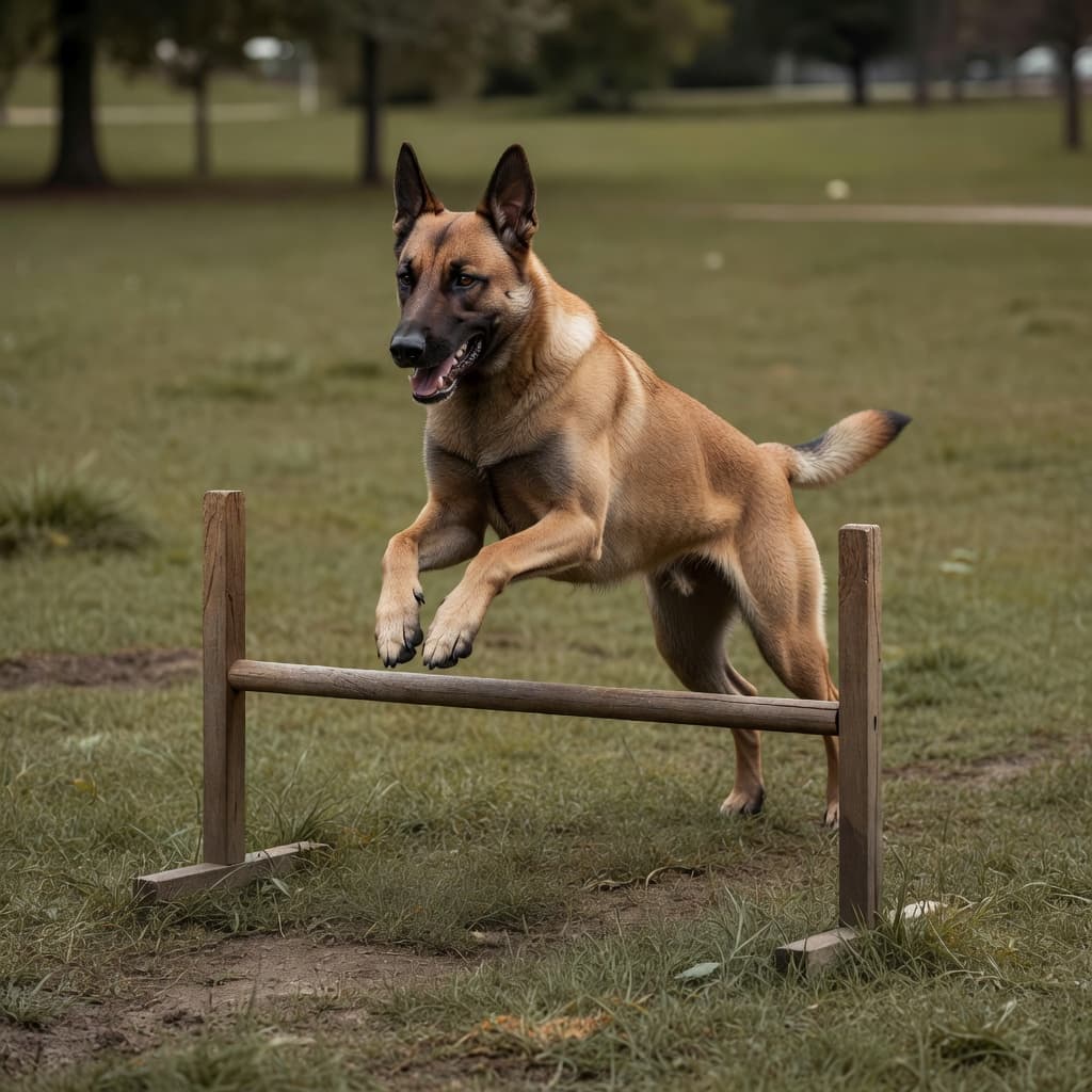A muscular Belgian Malinois is captured mid-air while clearing a wooden agility hurdle in a vast park. The athletic dog displays intense focus against a backdrop of soft green grass.