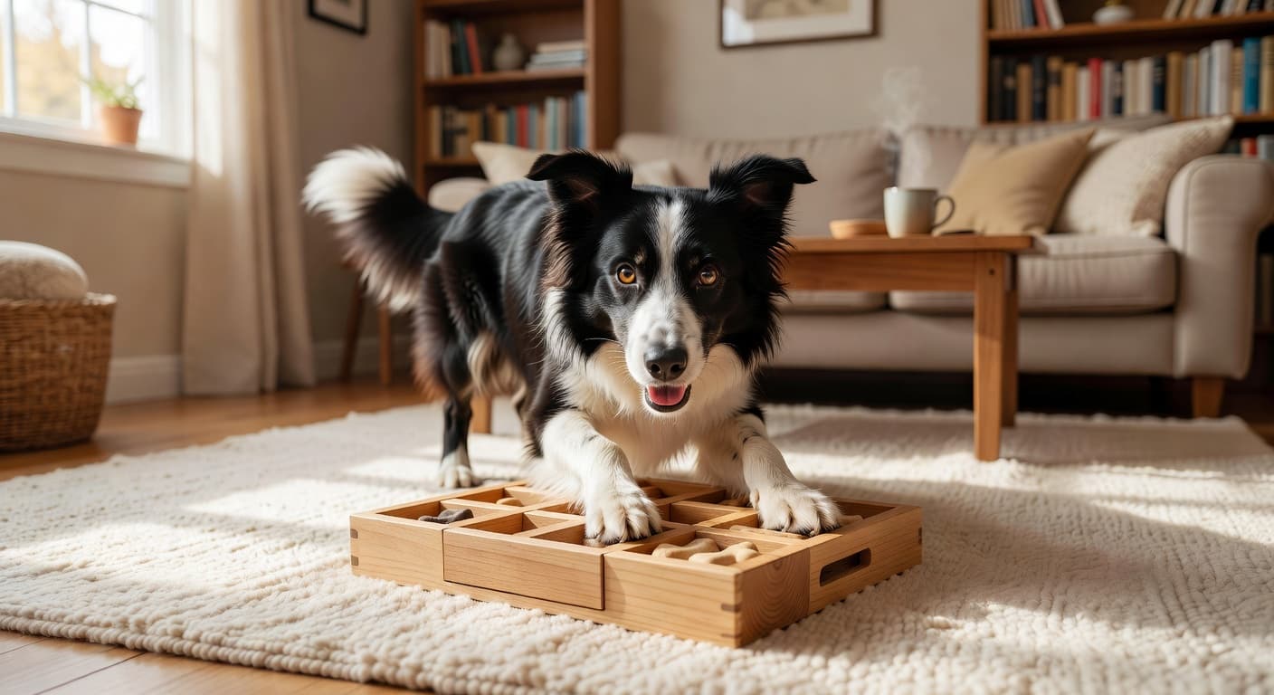 An intelligent Border Collie focuses intently on a wooden puzzle board placed upon a soft beige rug. Warm, diffused sunlight illuminates the living room while the dog nudges wooden sliding tiles.