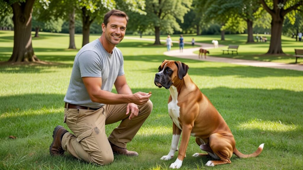 A dog trainer kneels on the grass to work with a focused tan and white Boxer dog in a park.