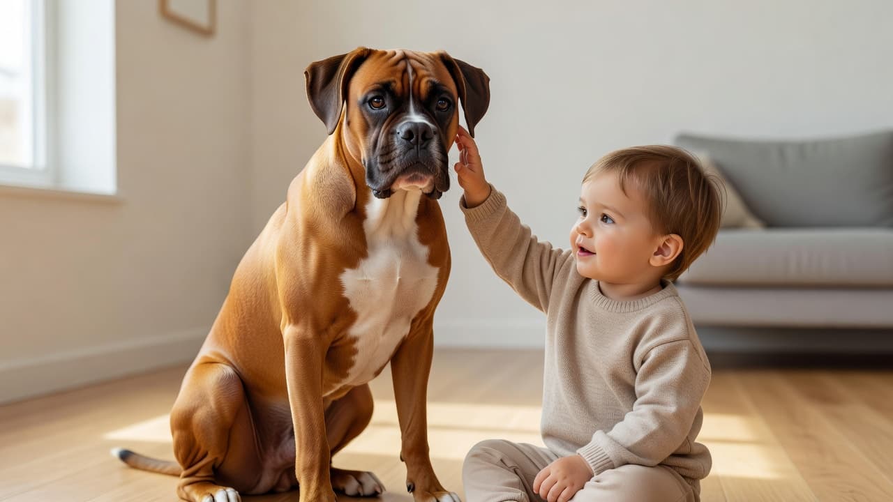 A gentle Boxer dog sits patiently on a living room rug while a small toddler pets its head. Soft sunlight streams through a nearby window, highlighting the pair's calm, affectionate interaction.