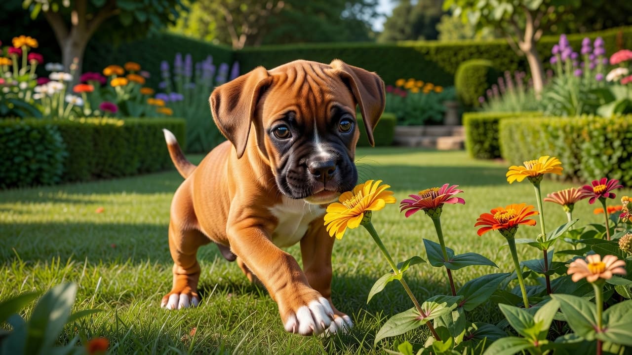 A playful Boxer puppy with a wrinkled forehead leans forward to sniff a bright yellow flower. The sunlit garden background is softly blurred, highlighting the young dog's curious and innocent expression.