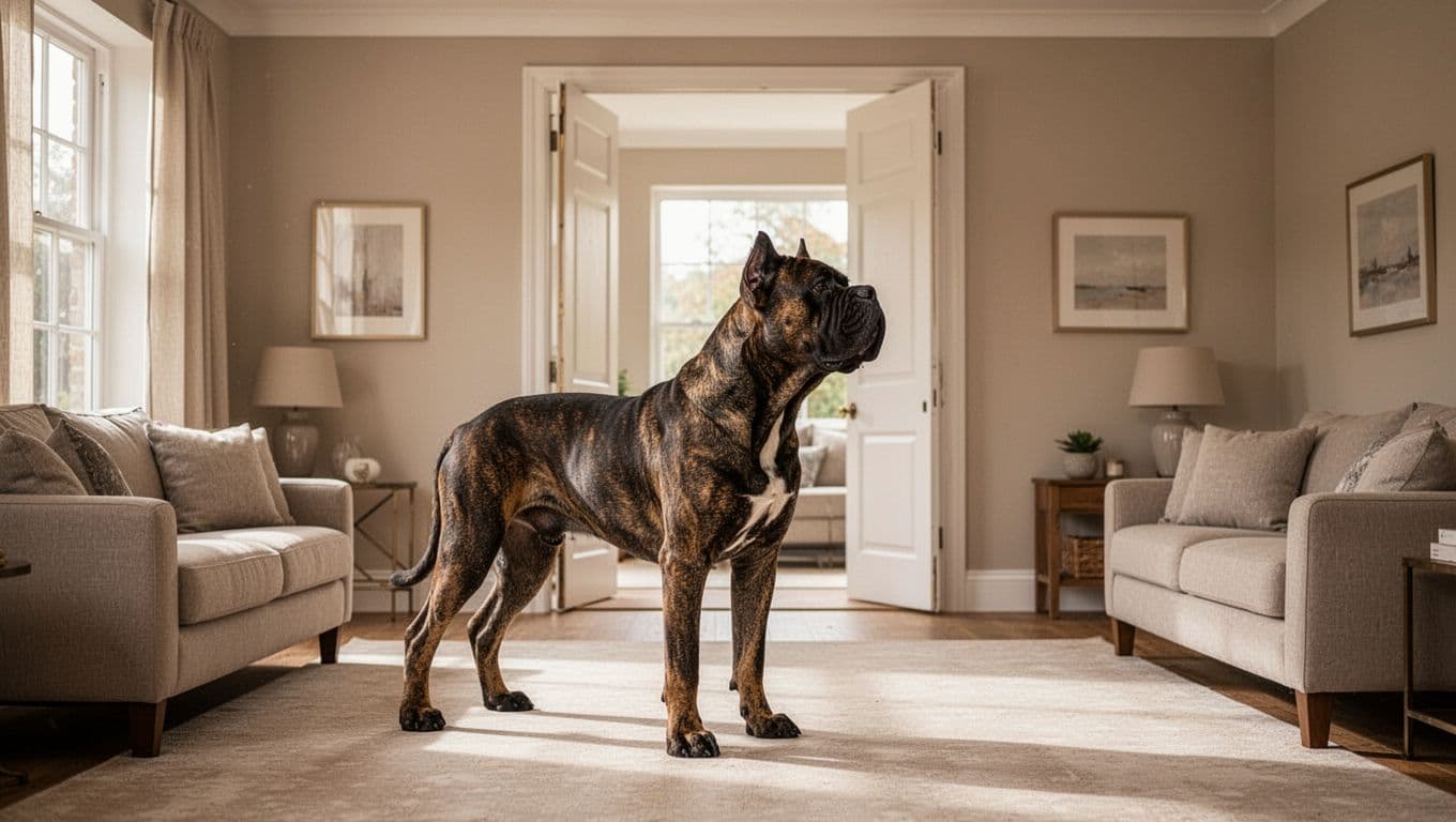 A muscular Cane Corso stands alert on a polished floor in a sunlit living room. The dog faces the entryway, showcasing a calm demeanor within a soft, neutral-toned modern interior space.