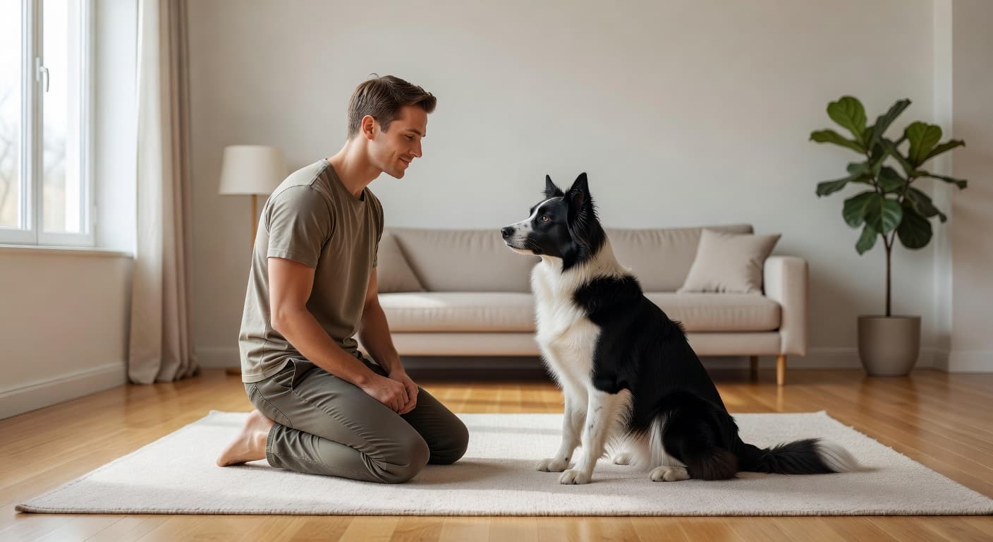 A focused individual kneels on a hardwood floor inside a bright living room, gently teaching a black and white Border Collie. Soft natural light streams through nearby windows onto the scene.